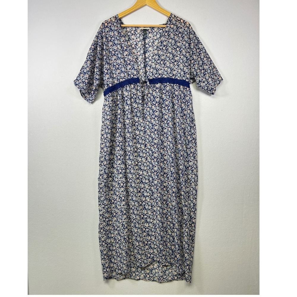 Cottagecore Alredine Women M/L Blue Floral Tie Front Crochet‎ Lace Duster Dress